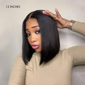 center wig natural black remy hair 5x5 lace closure straight bob human hair wig