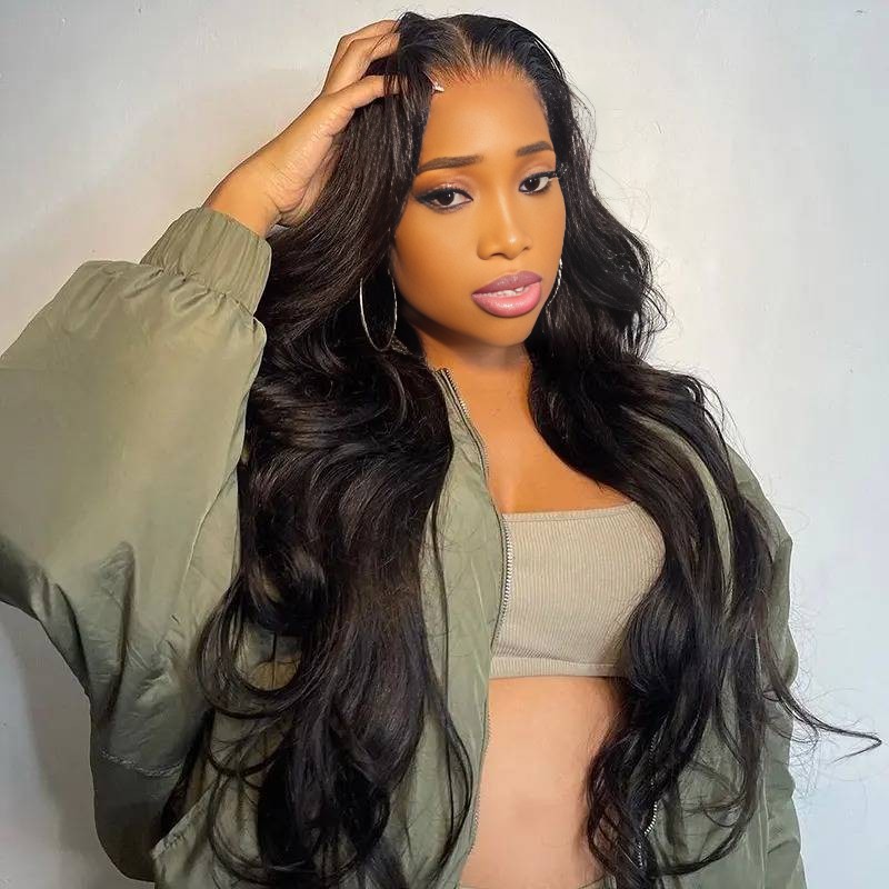 About center wig 13x4 body wave lace front wig natural black remy hair
